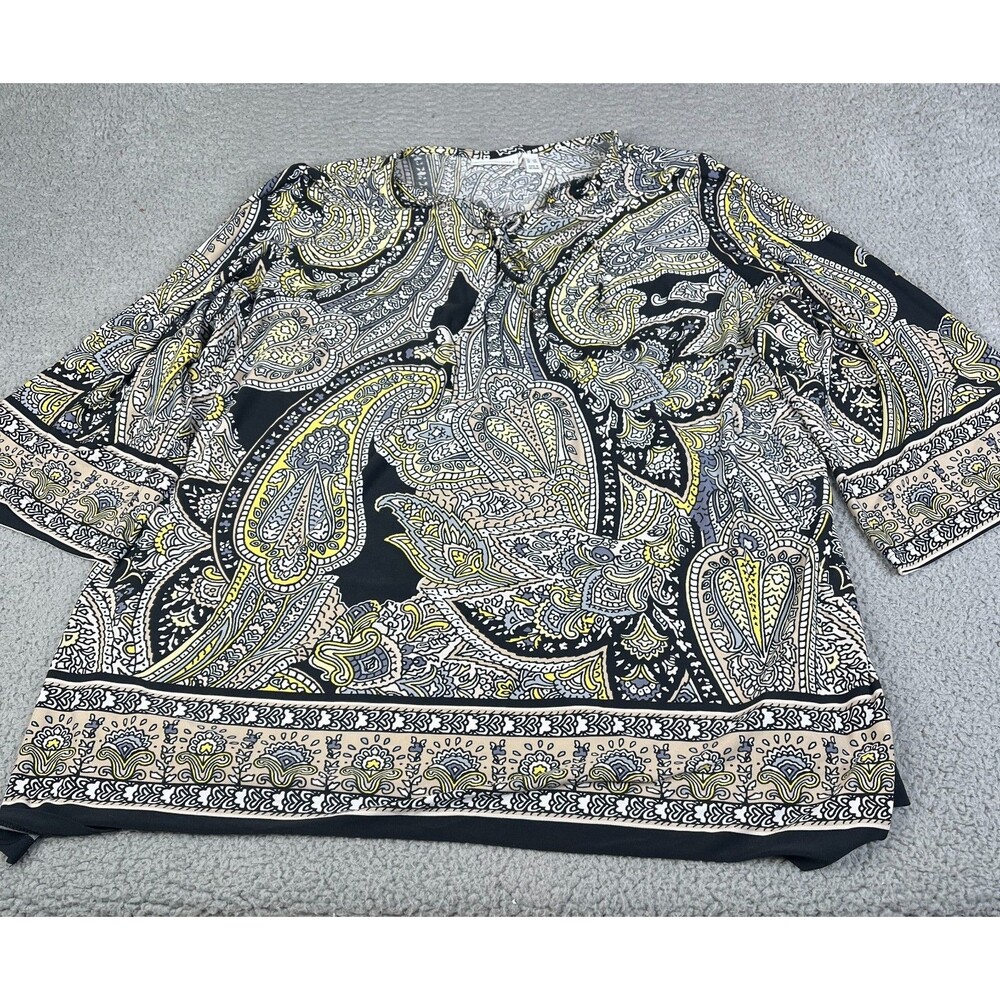 SUSAN GRAVER Tunic Blouse Womens 3 Black Yellow White V Neck Tie Front Plus Size